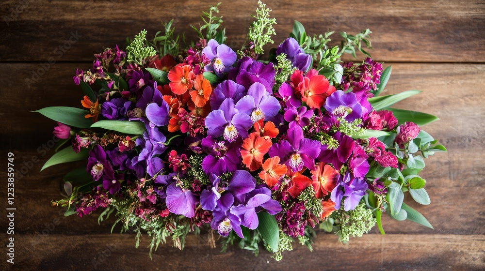 Poster stunning arrangement of purple and red orchids with greenery displayed on a rustic wooden table for 