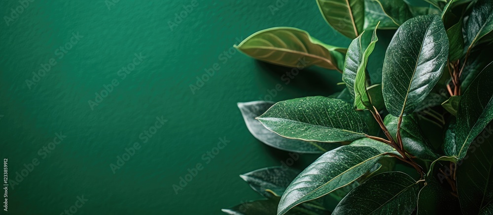 Poster vibrant green plant leaves arrangement on mockup with botanical backdrop and empty space for eco-fri