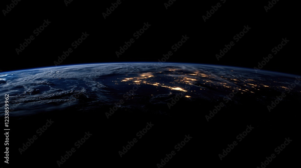 Poster satellite view of earth at night capturing northern hemisphere lights in space with dark background 