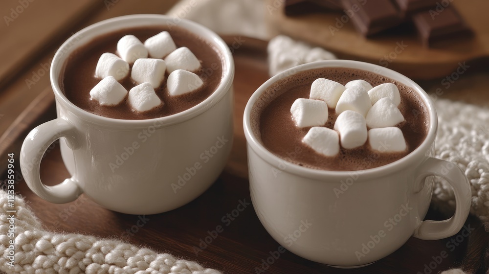 Poster Warm Hot Chocolate with Marshmallows Served in Cozy Cups on a Rustic Table Setting