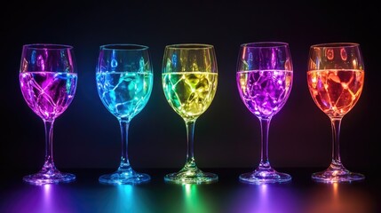 Colorful illuminated wine glasses on a dark background with vibrant reflections and empty space for creative text or branding.