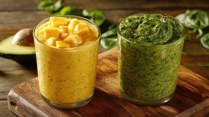 Refreshing Banana Mango Ginger and Spinach Avocado Fennel Smoothies in Vibrant Glasses on Rustic Wooden Board with Fresh Ingredients