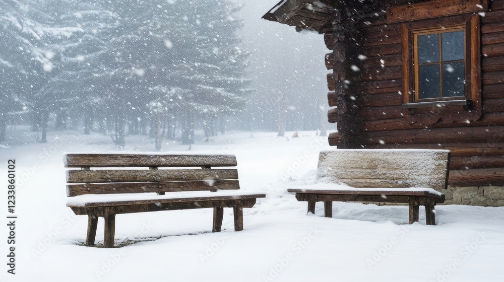Poster serene winter scene with empty wooden benches and snow falling near a cozy rustic cabin in a tranqui
