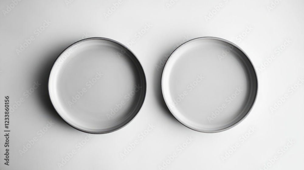 Poster minimalist composition of two empty plates with silverware on a clean white background showcasing si