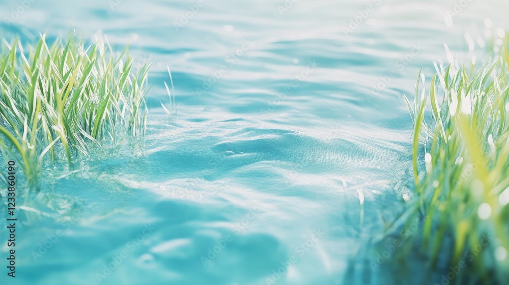 Aufkleber pastel nature backdrop with clear water and lush grass creating a serene and tranquil natural enviro
