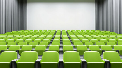 Fototapeta premium clean and minimalistic illustration of theater with green seating arranged in rows, creating modern and inviting atmosphere. empty space suggests anticipation for upcoming event
