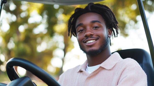 African American student driving electric golf cart in school park promoting relaxation and creativity with ample space for text placement