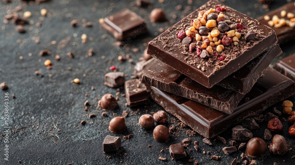 Aufkleber Assorted gourmet chocolates with toppings on dark background ideal for advertisements or culinary promotions featuring empty space for text