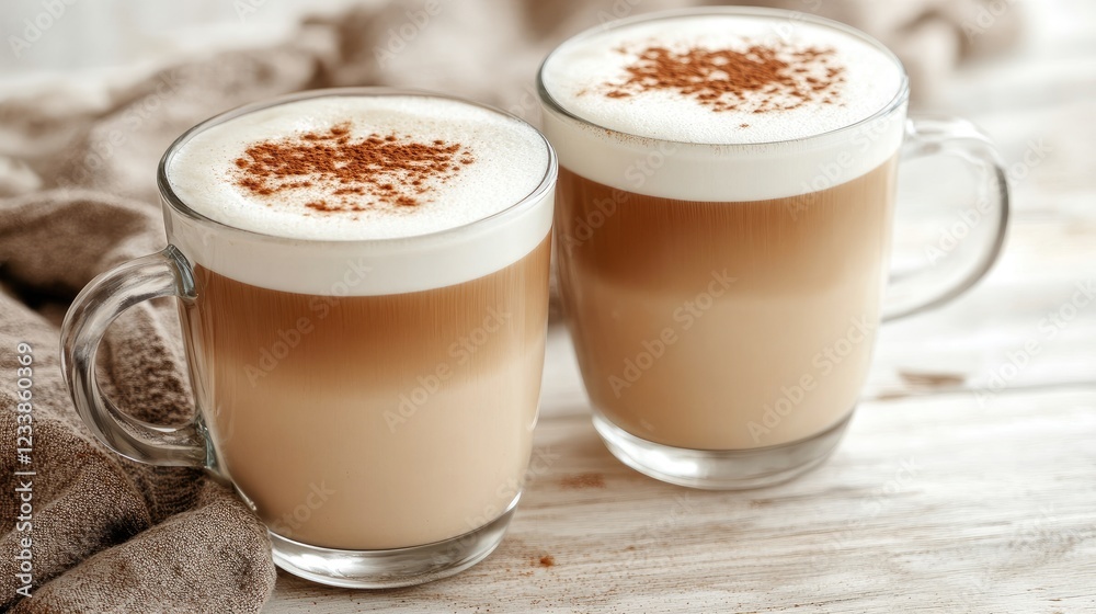 Poster cappuccino in clear glass cups served on a light wooden table with frothy milk and cocoa dusting for