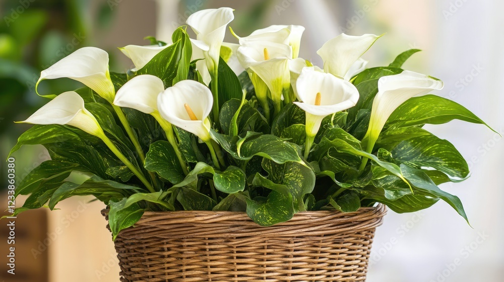 Wall mural Wicker basket overflowing with elegant white calla lilies surrounded by rich green foliage in a beautifully arranged display.