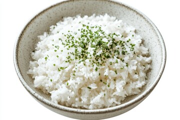 Fluffy white rice bowl, herbs, studio, food photography, recipe