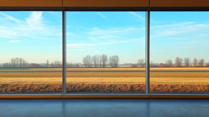 Fototapeta premium Scenic View of Fields and Trees Through Large Modern Windows in a Contemporary Space