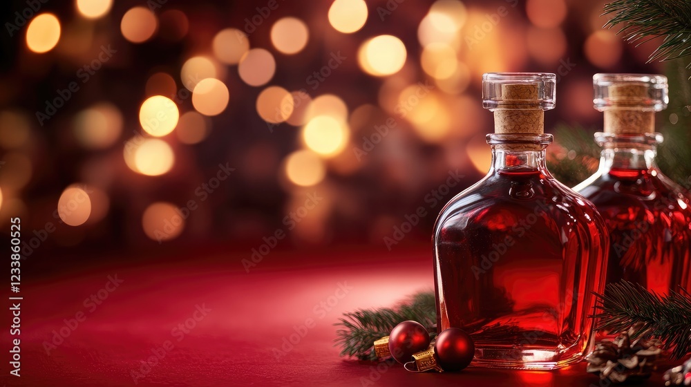 Aufkleber Decorative bottles on red table with festive tree and bokeh lights creating a warm holiday ambiance ideal for seasonal celebrations