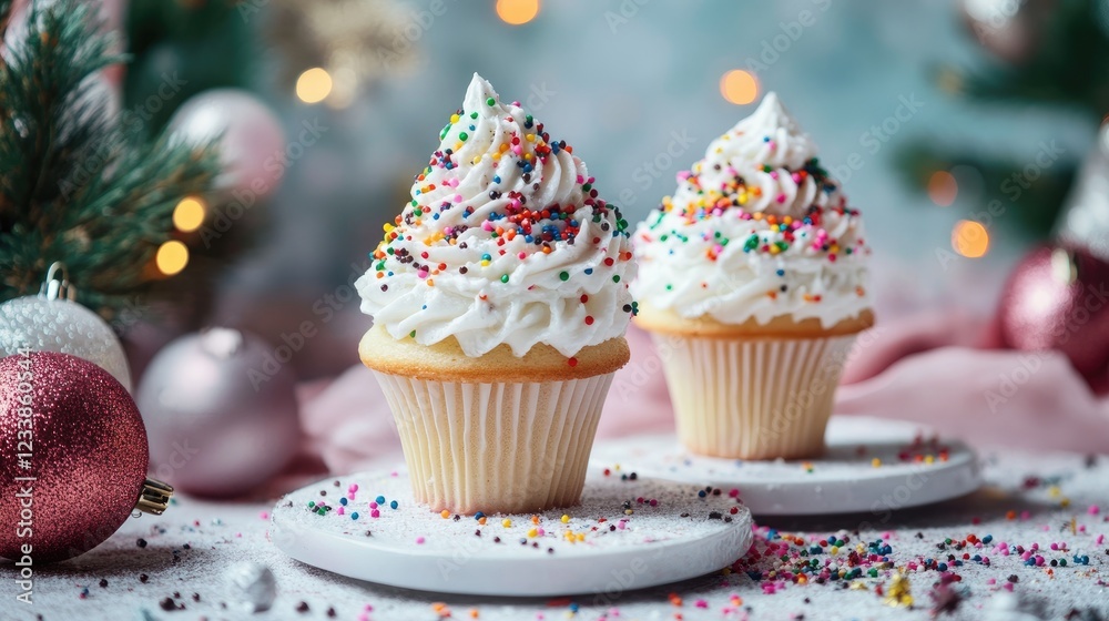 Poster festively decorated cupcakes with vanilla frosting and colorful sprinkles on a table with christmas 