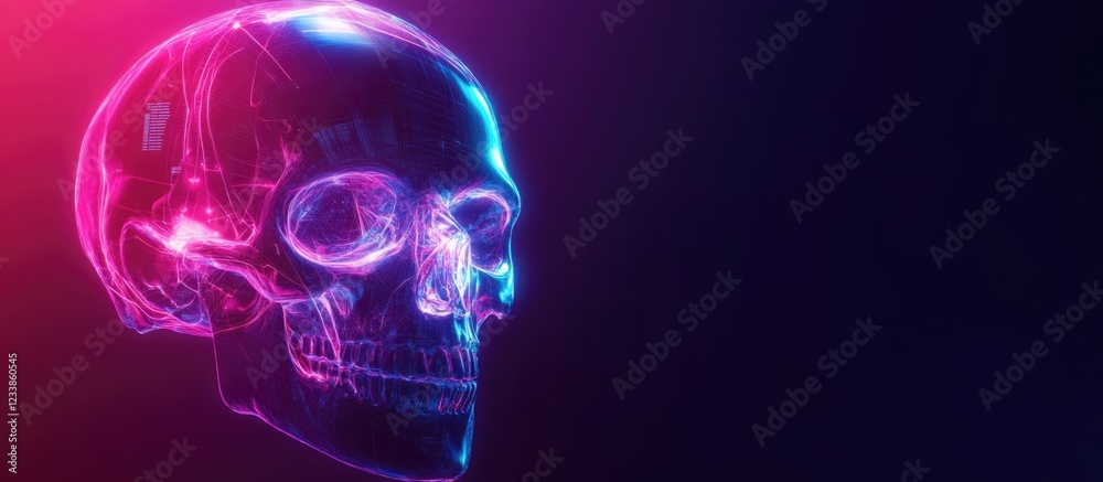 Fototapete futuristic digital skull with neon glow and cybernetic enhancements in a dark background with empty 