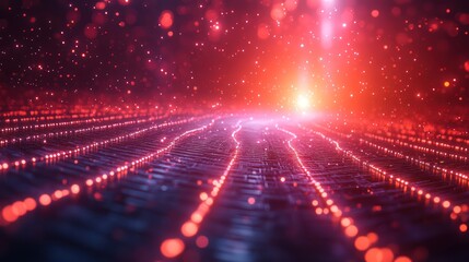 Abstract Red Digital Landscape: Glowing Pathways to the Unknown