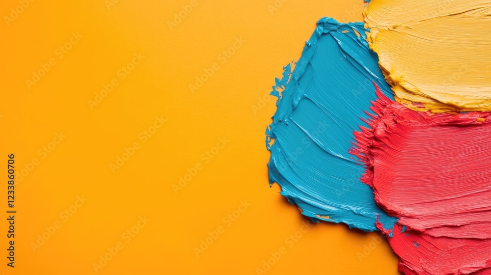 Poster colorful paint strokes on yellow background creating vibrant promotional material with ample copyspa