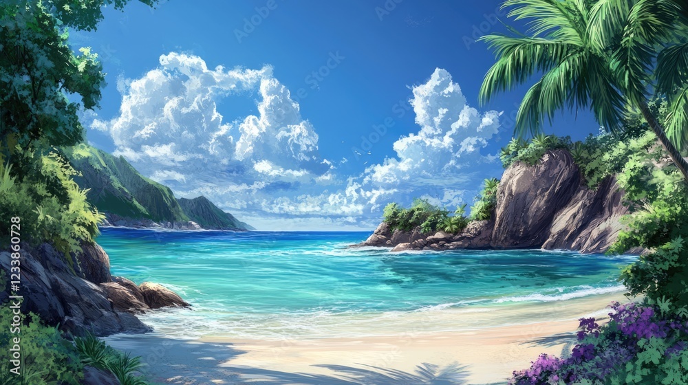 Aufkleber tropical paradise scene with crystal clear waters and palm trees ideal for text overlay and creative