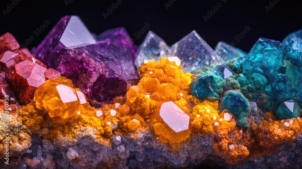 Poster Vibrant mineral specimen display showcasing colorful crystals with ample copyspace for creative text or messaging in a striking presentation.