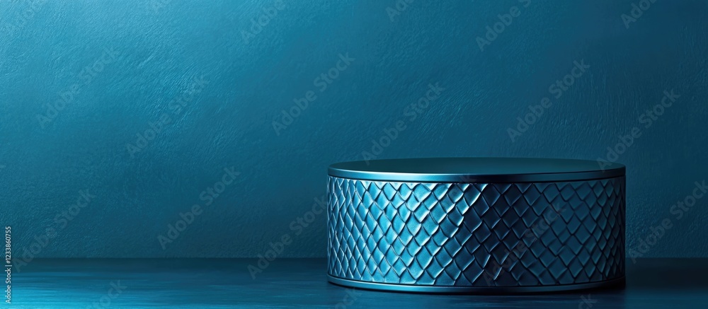 Poster luxury blue metallic pedestal with triangular scales for cosmetic product presentation and ample cop