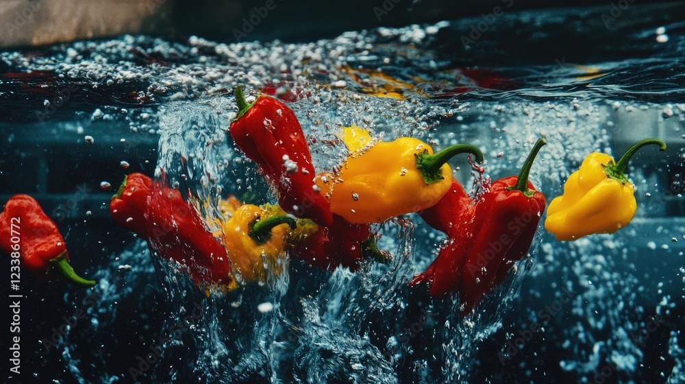 Aufkleber colorful chili peppers splashing in water creating dynamic culinary visuals