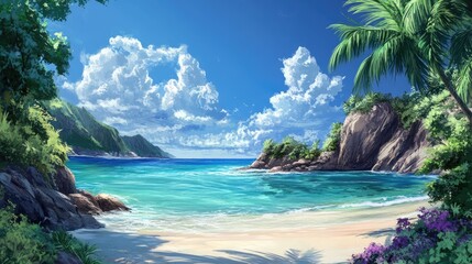 Obraz premium Tropical Paradise Scene with Crystal Clear Waters and Palm Trees Ideal for Text Overlay and Creative Design Elements