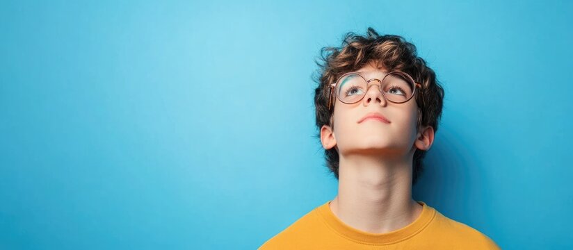 Caucasian teenage boy with round glasses looking up against a solid blue background with space for text or graphics.