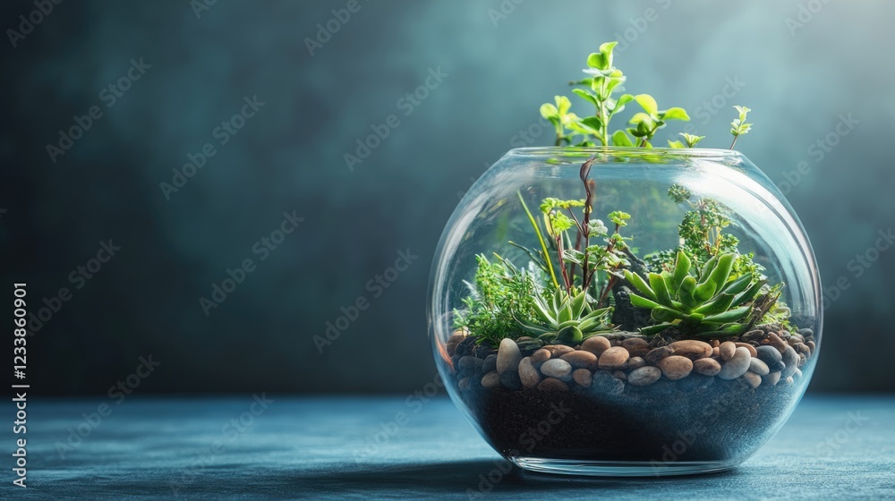 Poster lush indoor terrarium in a glass globe featuring clay pebbles and greenery with ample copyspace for 