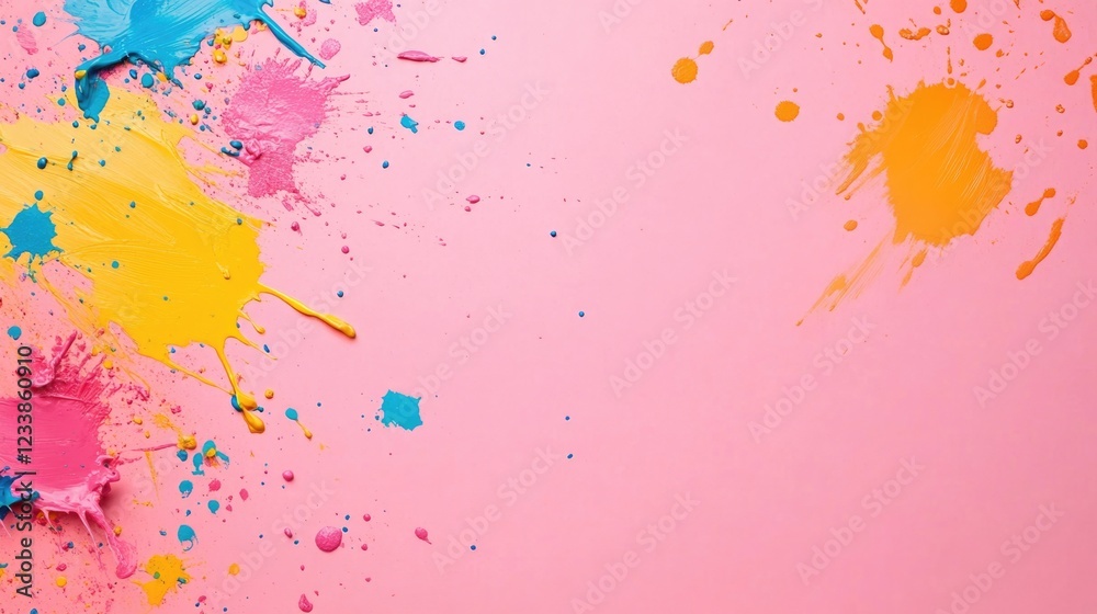 Aufkleber Colorful paint splatters on pink backdrop with ample negative space ideal for text or creative design elements.