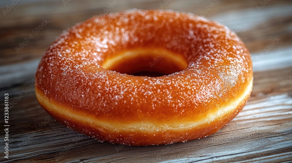 Poster Top View of Glazed Donut on Wooden Table with Blank Space for Text and Design Elements