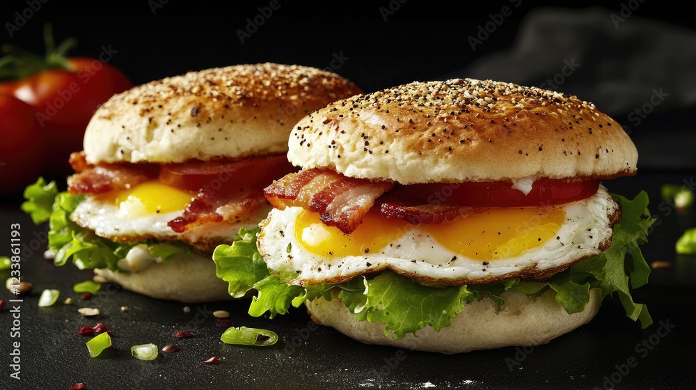 Aufkleber savory egg and bacon muffins garnished with fresh lettuce and tomatoes set against a dark background