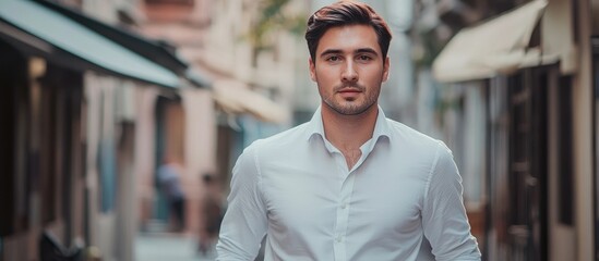 Obraz premium Casual young businessman walking in urban environment with empty space for text natural lifestyle concept