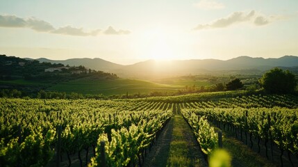 Naklejka premium Wine Tasting in Scenic Vineyards at Sunset Serene Countryside Experience with Space for Text and Promotions