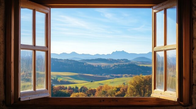 Fototapeta Scenic view from a window showcasing a clear day with mountains and lush countryside vibrant landscape in the foreground and blue sky