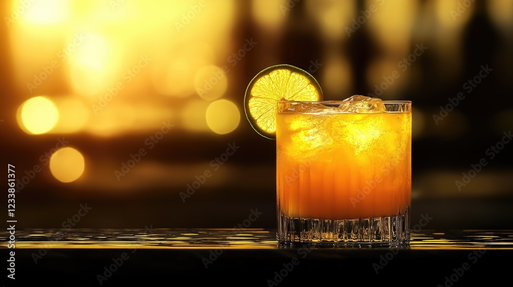 Poster Vibrant Sunset Cocktail on a Bar Counter with Empty Space for Text in a Cozy Evening Setting