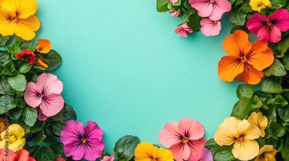 Poster colorful floral arrangement with vibrant seedlings and flowers on a teal background perfect for addi