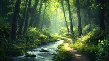 Obraz premium Serene forest landscape with a flowing stream and a peaceful pathway ideal for text overlay and nature-themed designs