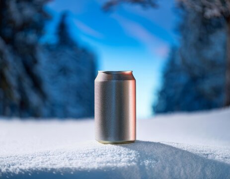 A Sleek Metallic Can on Snow with a Dreamy Winter Landscape