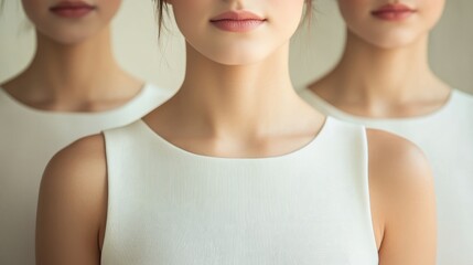 Closeup of three identical women in white tops showcasing synchronized poses with space for text or branding purposes