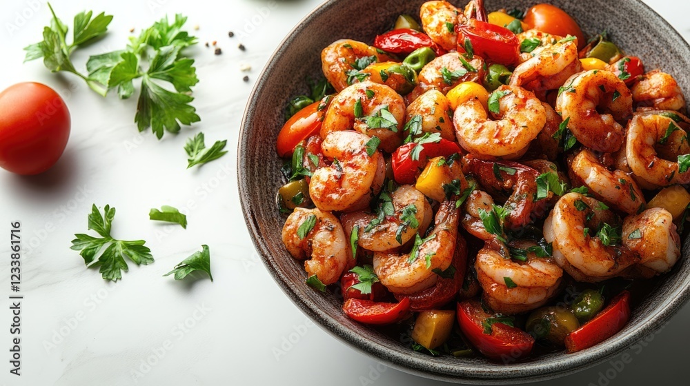 Poster vibrant top view of shrimp and fresh vegetables in a bowl with herbs on marble surface ideal for cul