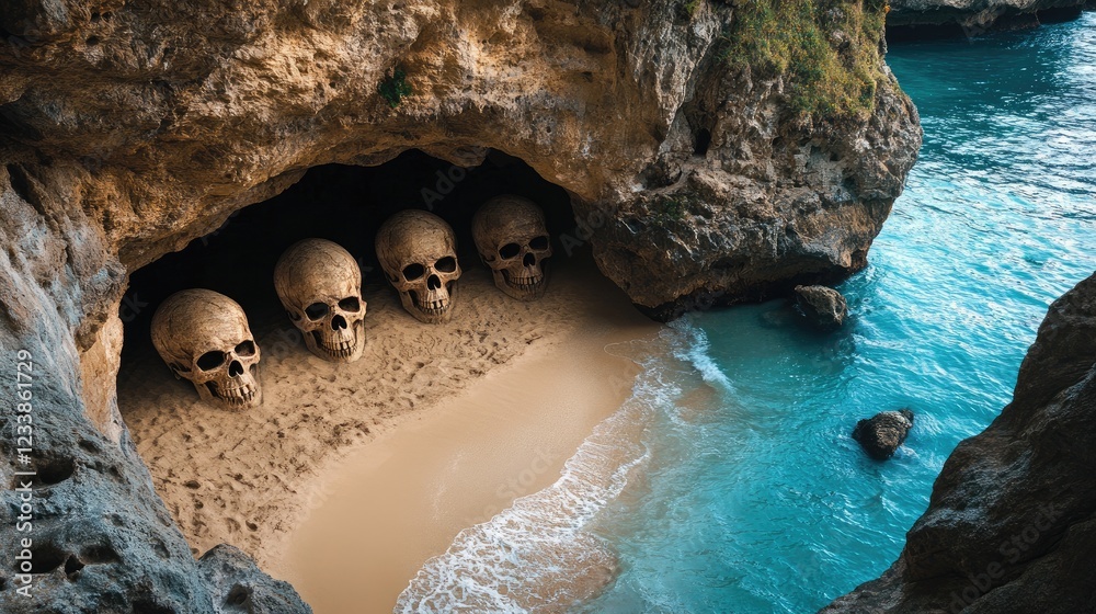 Poster aerial perspective of sandy beach with unique ancient cave revealing skull artifacts and clear pacif
