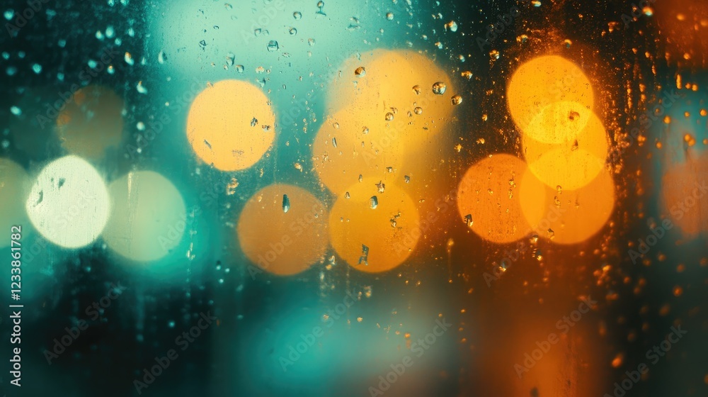 Poster Vibrant bokeh background with soft green and orange tones enhanced by raindrops on glass creating an atmospheric and dreamy effect