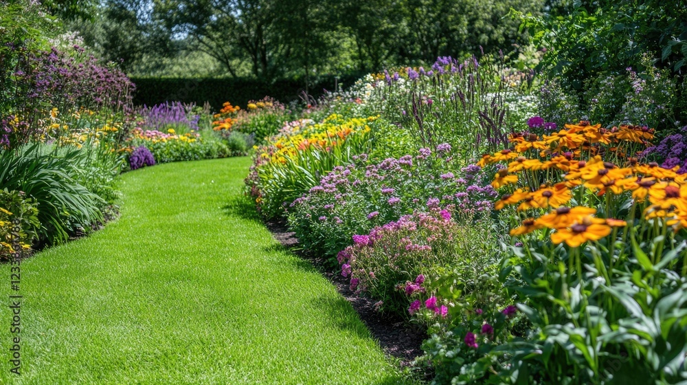 Poster lush garden pathway filled with colorful flowers and greenery on a sunny day featuring ample copyspa