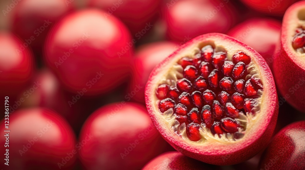 Poster Assorted Fresh Red Fruits Display with Pomegranate Centerpiece and Copy Space for Text in a Vibrant Natural Background