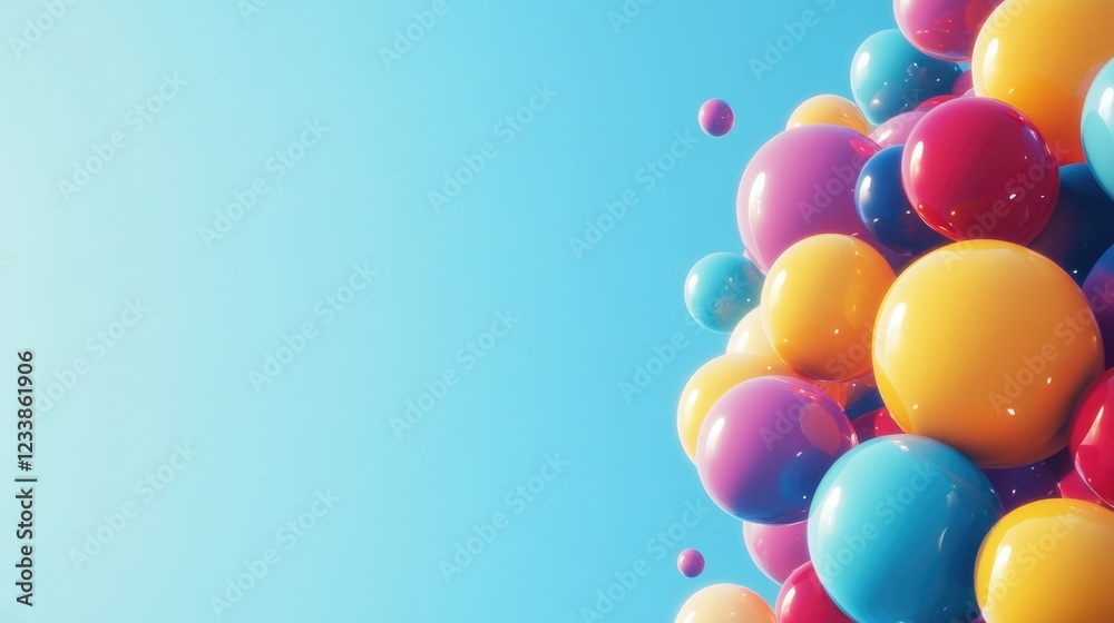 Poster Assorted colorful balloons floating against a bright blue sky with ample empty space for text or graphic elements.