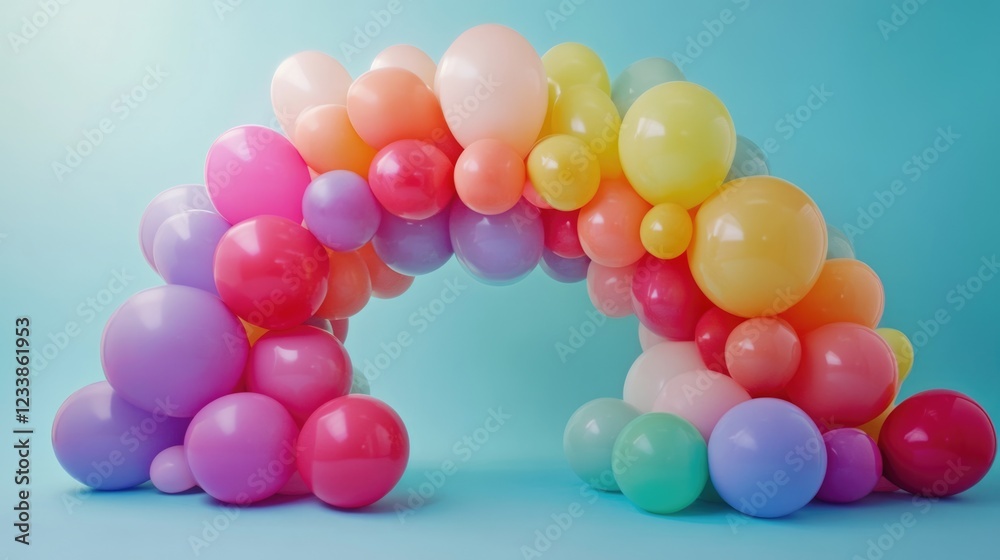 Poster colorful balloon arch display for celebrations with clear copyspace for custom text on blue backgrou