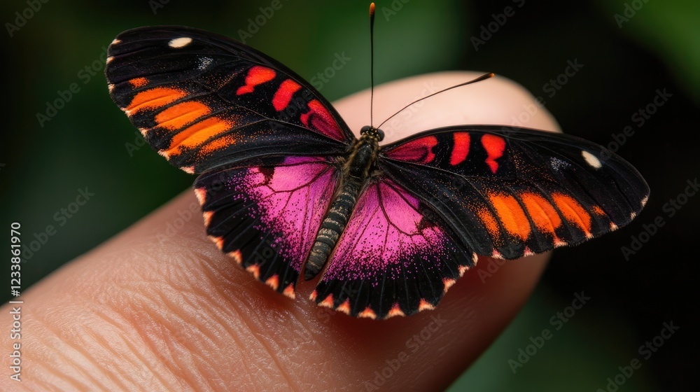 Aufkleber colorful butterfly resting on a finger showcasing intricate patterns and vibrant colors in a natural