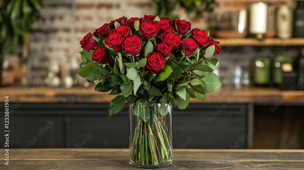 Poster elegant red rose bouquet elegantly arranged in a sleek glass vase on a rustic wooden table with a bl