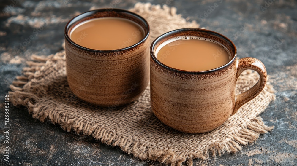 Poster Aromatic coffee in rustic cups on textured burlap surface inviting warmth and coziness in a serene setting