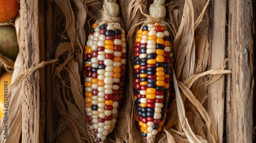 Poster colorful striped corn ears displayed in a rustic wooden crate surrounded by dried husks and autumn d